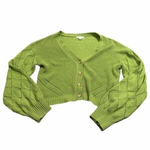 Stitch & Pine Cropped Chunky Knit Cardigan – Argyle Sleeves – (Green) Size M